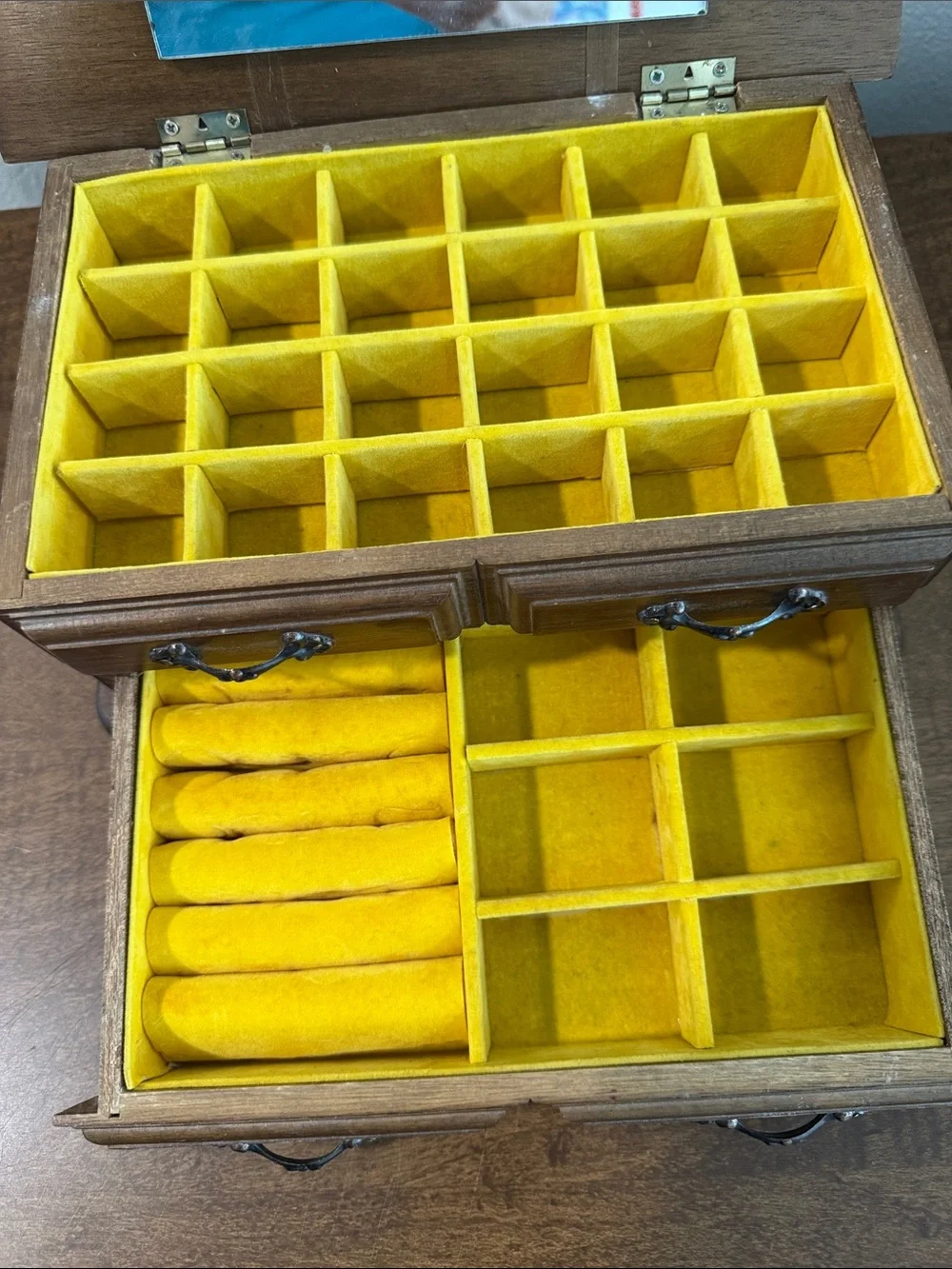 Vintage Wooden Jewelry Organizer Box - Brown with gold velvet inside